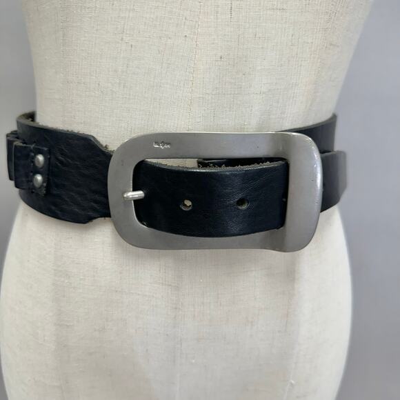 Ralph Lauren Black Leather Belt Italy Size 28 Chunky Silver Buckle Y2K Designer - Picture 1 of 16